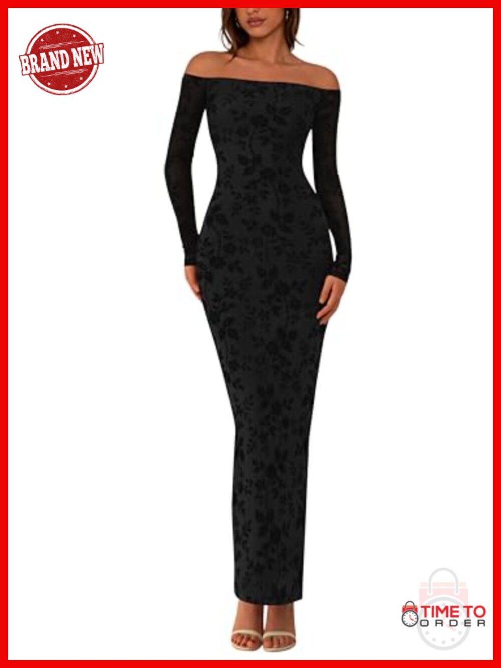 Off Shoulder Floral Mesh Bodycon Maxi Dress Long Sleeve Formal